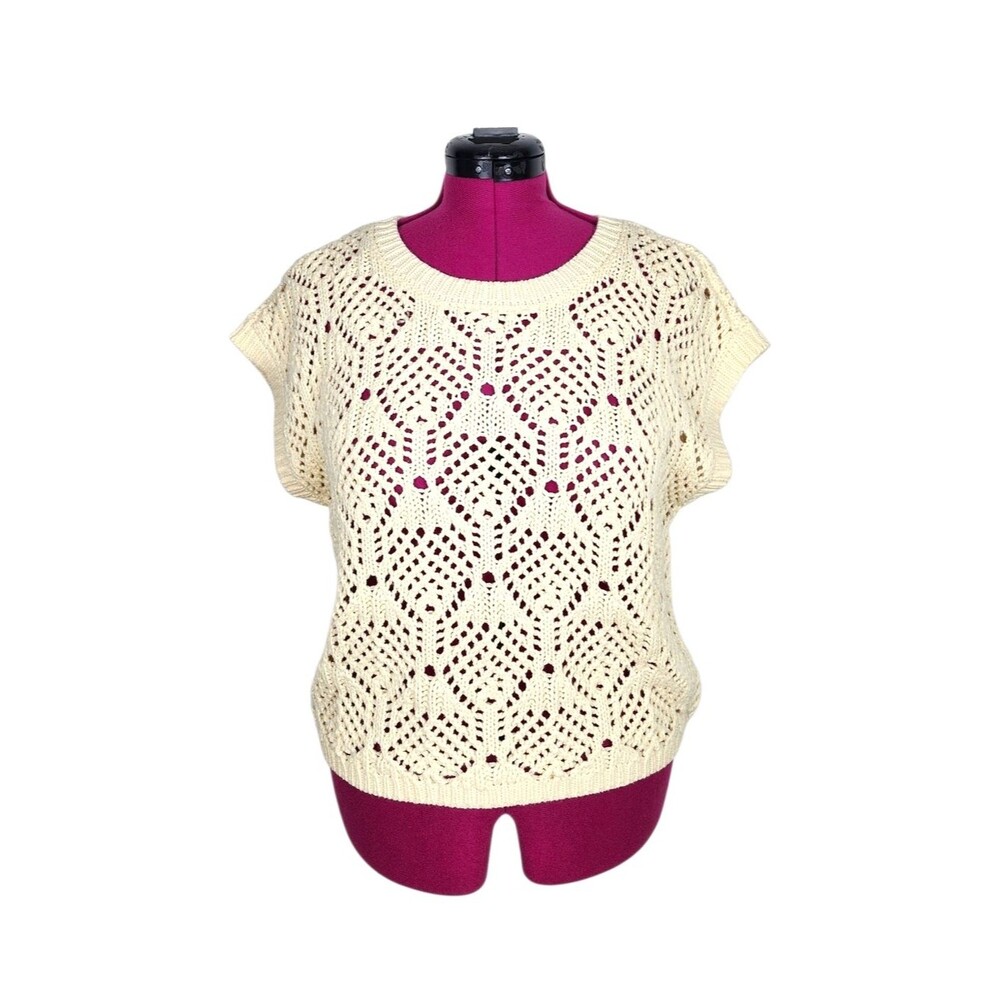 Lucky Brand Cream Beige Short Sleeve Sweater Vest Cotton Acrylic Open Knit